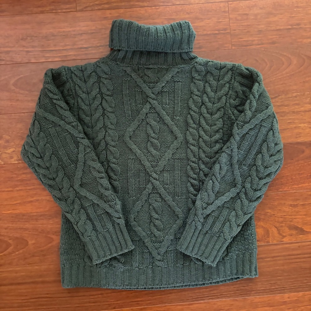 Inis Crafts Mens M Green Merino Wool Cable Knit Turtleneck Aran Sweater Ireland